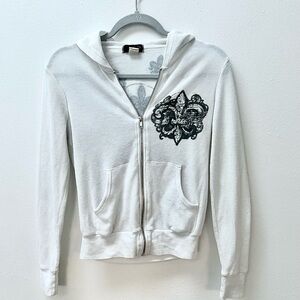 Grunge Y2K White Zip Up Hoodie with Fleur de Lis Graphic – Fitted Waffle Knit